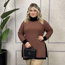 Poncho Feminino de Tricô Mousse Xadrez Gola Alta Plus Size
