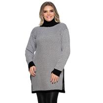 Poncho Feminino de Tricô Mousse Xadrez Gola Alta Plus Size