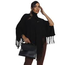 Poncho Feminino Inverno Tricot Gola Alta Bico Franjas Luxo