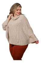 Poncho Feminino Tricot Linha Mousse Manga Longa Inverno Frio