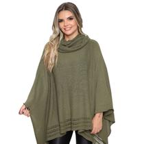 Poncho Feminino Tricot Mousse Liso Gola Alta Casaco Lã Inverno