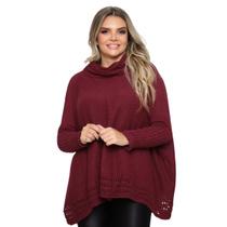 Poncho Feminino Tricot Mousse Liso Gola Alta Casaco Lã Inverno