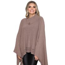 Poncho Feminino Tricot Mousse Liso Gola Alta Casaco Lã Inverno