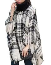 Poncho Plus Size de Lã com Franjas Xadrez Inverno Fashion Cor:CremeTamanho:GG