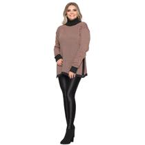 Poncho Tricot de Tricô Mousse Com Estampa Xadrez e Gola Alta Feminino Plus Size