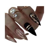 Pontas De Unhas Longas Em Formato De Amêndoa Com Glitter Dourado Âmbar Escuro, 24 Peças Com Buffer E Pontas De Unhas Longas Em Formato De Amêndoa Com Glitter Dourado Âmbar Escuro, 24 Peças Com Buffer E