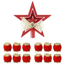 Ponteira Estrela Brilho Topo Árvore Dourada Vermelha + 12 Enfeites Árvore Natal Mini Tambor Pendente