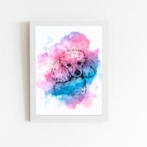 Poodle Cachorro Aquarela Rosa Quadro Moldura Branca 60x40cm