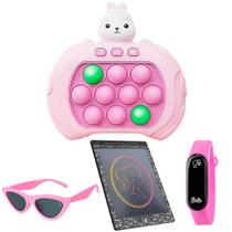 Pop It Eletrônico Jogo Antiestresse + Kit Lousa Mágica Tablet Educativo Óculos Sol Rosa Relógio Digital Prova D'água