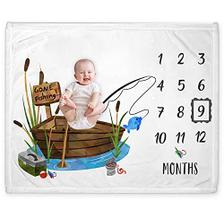 Popfavors Fishing Baby Monthly Milestone Blanket, Gone Fishing Baby Boy Growth Chart Milestone Photo Blanket, Fishing Boat Newborn, inclui marcador (50x40)