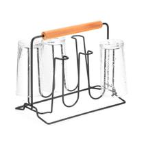 Porta 6 Copos Escorredor Suporte C/ Alça Bambu Metal Preto