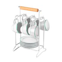 Porta 6 Xícaras Pires Chá Café Suporte Mesa Aço Bambu Branco