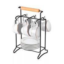 Porta 6 Xícaras Pires Chá Café Suporte Mesa Aço Bambu Preto