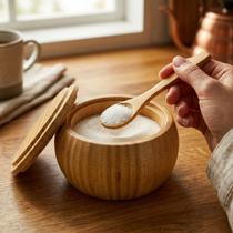 Porta Açúcar Bambu com Colher e Tampa 300g Ecológico Higiênico Organização Cozinha Proteção Umidade Sustentável