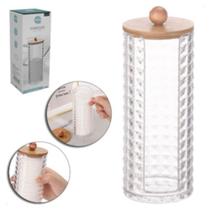 Porta algodão disco de acrílico decorativa com tampa de bambu para banheiro organizador Porta algodão disco de acrílico decorativa com tampa de bambu para banheiro organizador