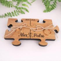 Porta Alianças Rústico Quebra-cabeça Madeira MDF Casamento Boho Noivado