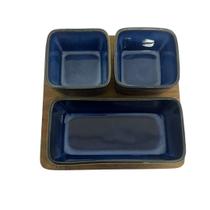 Porta aperitivos de ceramica azul e base de madeira - 3 pcs un0003