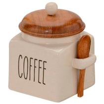 Porta café em cerâmica com colher de madeira bege 10x11 cm