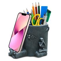 Porta-canetas Idefair Gothic Skull com suporte para telefone 9x10 cm