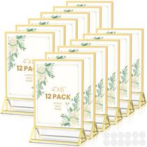 Porta Carteles Acrílicos con Marco Dorado YOAEAILY 4x6 Doble Cara - Paquete de 12 Marcos Dorados para Fotos, Menús, Números de Mesa para Bodas y Navidad con Puntos Adhesivos Transparentes Removibles