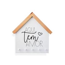 Porta Chaves Aqui Tem Amor, Porta Chaves e Porta Correspondência para Hall de Entrada Formato Casinha Feito de Metal e Madeira 5 Chaves