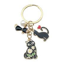 Porta-chaves Charm Cute Black Cat Pearl Enamel Porta-chaves Charm Cute Black Cat Pearl Enamel
