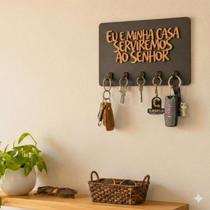 Porta Chaves Evangélico de Parede em MDF com Versículo Bíblico, 5 ganchos, 24x16cm, Instalação com Fita Dupla Face