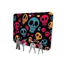 Porta Chaves MDF 4 Pinos Caveiras Coloridas Preto