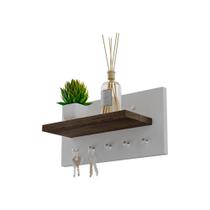 Porta Chaves Minimalista de Parede com 5 pinos Branco e Nogal
