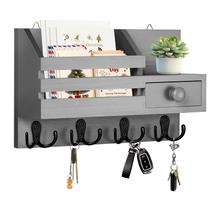 Porta-chaves, suporte de parede, HOMEBROS, madeira com gaveta, 8 ganchos, cinza Porta-chaves, suporte de parede, HOMEBROS, madeira com gaveta, 8 ganchos, cinza