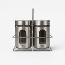 Porta Condimento 2 Potes Saleiro Pimenteiro Inox Com Suporte Porta Condimento 2 Potes Saleiro Pimenteiro Inox Com Suporte