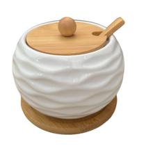 Porta Condimento Cerâmica Branco Tampa e Bandeja de Bambu Porta Condimento Cerâmica Branco Tampa e Bandeja de Bambu