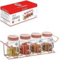Porta Condimento Com Alça 4 Peças 110Ml + Suporte Rose Gold