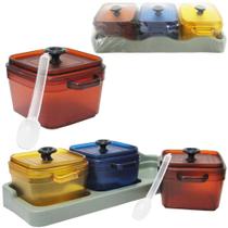 Porta condimento de acrilico 3 pecas 350ml com colher + tampa + alca e suporte de plastico - FWB