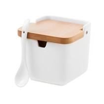 Porta Condimento em Porcelana Com Colher e Tampa De Bambu