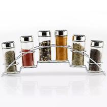 Porta condimento em vidro c/ suporte aramado 6 pçs 9,5 x 4,5 x 33,5 cm - JFZ IMPORT