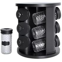 Porta Condimento Giratório Preto c/ 9 Potes Vidro 85ml Tampa Ideal p/ Temperos e Especiarias Suporte 360º Alimento - Belovidro
