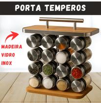 Porta Condimento Tempero Luxo 16 Potes Vidro Madeira Inox 80 ml