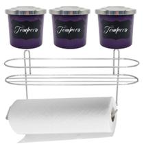Porta Condimentos 3 Peças Alumínio Roxo com Suporte de Papel Toalha Etiqueta Lousa - Aluminio AMJ