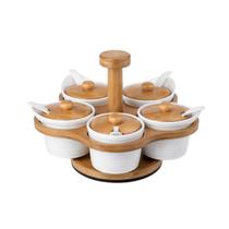 Porta Condimentos 5 Potes 100ml Giratório Cerâmica Tampa Bambu