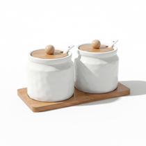 Porta Condimentos Cerâmica Stoneware Branco Colher Bambu