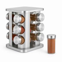 Porta Condimentos Giratório 12 Potes Aço Inox e Vidro Suporte Organizador Temperos Cozinha
