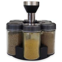 Porta Condimentos Giratório Inox com 6 Potes Vidro Organizador Temperos Kit Cozinha Moderna Compacta Sofisticada Resistente Prática Fácil Higienização