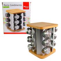 Porta Condimentos Giratório Inox com Base de Bambu 12 Potes 90ml