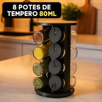 Porta Condimentos Giratório Plástico Preto com 08 Potes 80ml