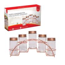 Porta Condimentos Temperos 5 Potes Vidro Suporte Cesta Aço - ZN Porta Condimentos Temperos 5 Potes Vidro Suporte Cesta Aço - ZN