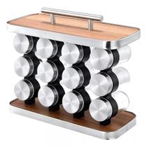 Porta Condimentos Vertical Com Alça Inox Madeira Vidro 12pçs Cor Marrom-claro - 123-ÚTIL