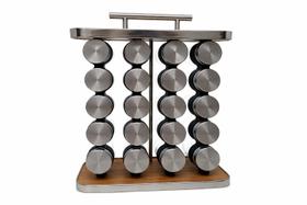 Porta Condimentos Vertical Com Alça Inox Madeira Vidro 20pçs Porta Condimentos Vertical Com Alça Inox Madeira Vidro 20pçs