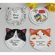 Porta Copo de Cerâmica Branco Estampa Frases Gatinhos 11cm Porta Copo de Cerâmica Branco Estampa Frases Gatinhos 11cm