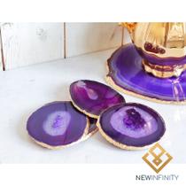 Porta Copos Ágata Roxo Banho de Ouro Pedra Natural Porta Copos Ágata Roxo Banho de Ouro Pedra Natural